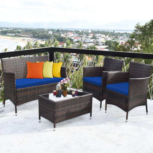 4 Pieces Rattan Sofa Set with Glass Table and Comfortable Wicker for Outdoor Patio-Navy - Color: Navy - Image 2