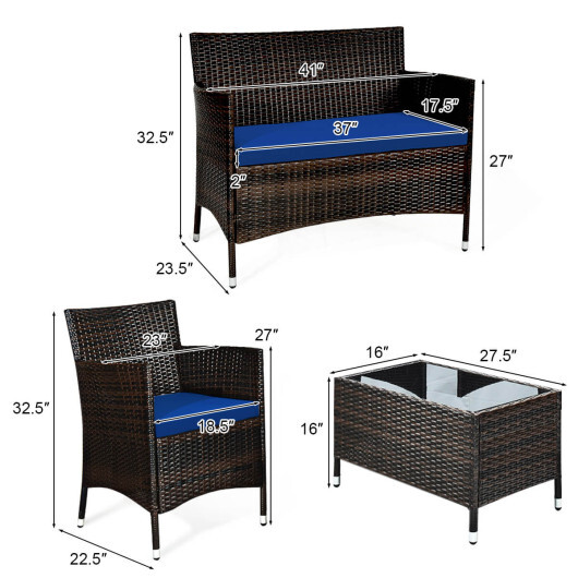 4 Pieces Rattan Sofa Set with Glass Table and Comfortable Wicker for Outdoor Patio-Navy - Color: Navy - Image 4