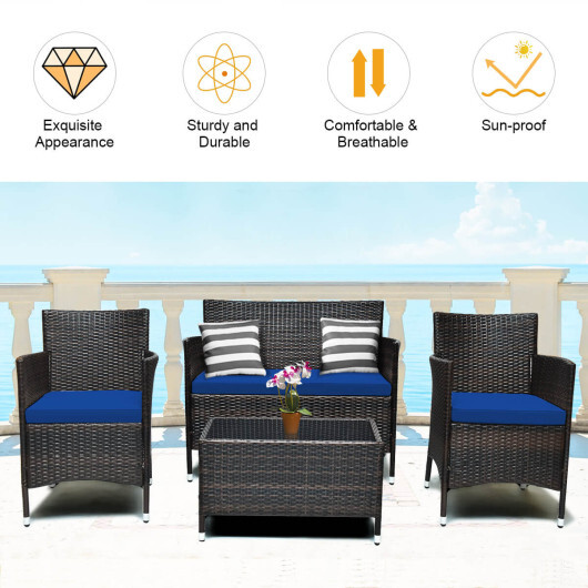 4 Pieces Rattan Sofa Set with Glass Table and Comfortable Wicker for Outdoor Patio-Navy - Color: Navy - Image 5