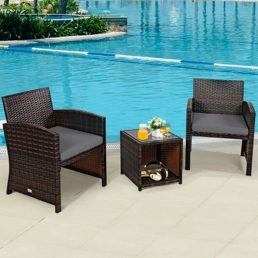 3 Pieces PE Rattan Wicker Furniture Set with Cushion Sofa Coffee Table for Garden-Gray - Color: Gray - Image 2