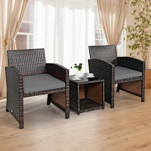 3 Pieces PE Rattan Wicker Furniture Set with Cushion Sofa Coffee Table for Garden-Gray - Color: Gray - Image 3