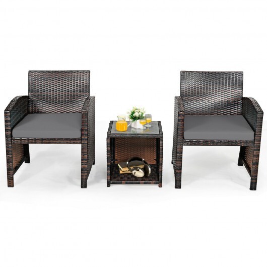 3 Pieces PE Rattan Wicker Furniture Set with Cushion Sofa Coffee Table for Garden-Gray - Color: Gray - Image 4