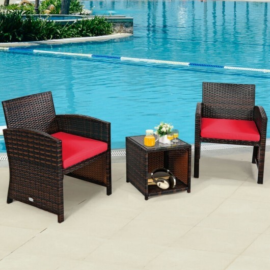 3 Pieces PE Rattan Wicker Furniture Set with Cushion Sofa Coffee Table for Garden-Red - Color: Red - Image 2