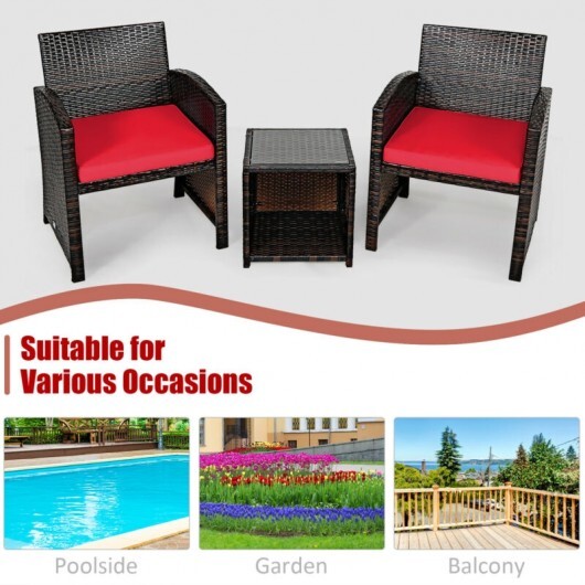 3 Pieces PE Rattan Wicker Furniture Set with Cushion Sofa Coffee Table for Garden-Red - Color: Red - Image 3
