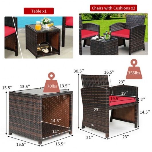 3 Pieces PE Rattan Wicker Furniture Set with Cushion Sofa Coffee Table for Garden-Red - Color: Red - Image 4