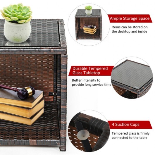 3 Pieces PE Rattan Wicker Furniture Set with Cushion Sofa Coffee Table for Garden-Red - Color: Red - Image 5