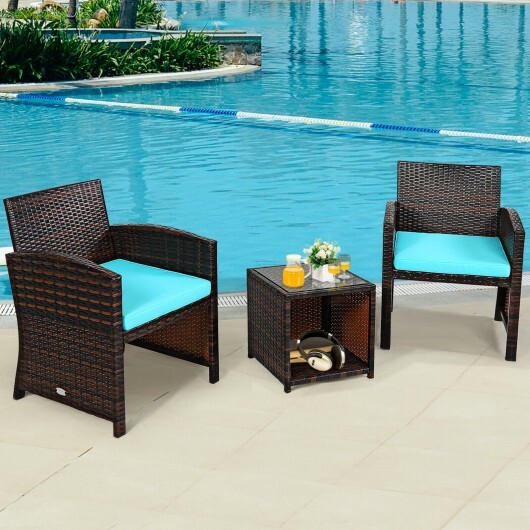 3 Pieces PE Rattan Wicker Furniture Set with Cushion Sofa Coffee Table for Garden-Turquoise - Color: Turquoise - Image 2