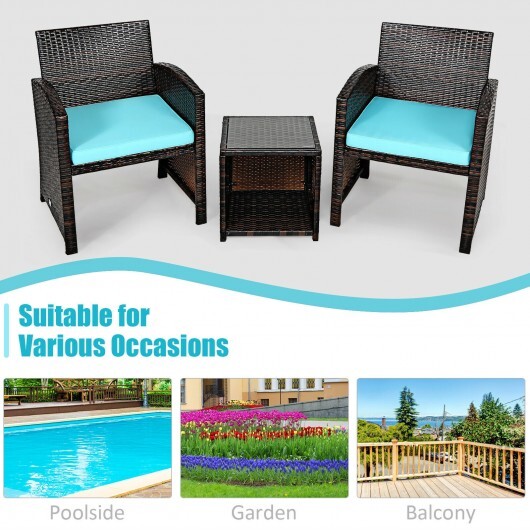 3 Pieces PE Rattan Wicker Furniture Set with Cushion Sofa Coffee Table for Garden-Turquoise - Color: Turquoise - Image 3