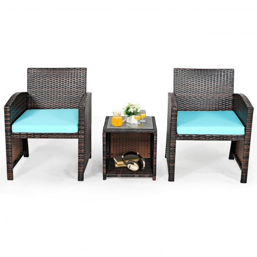 3 Pieces PE Rattan Wicker Furniture Set with Cushion Sofa Coffee Table for Garden-Turquoise - Color: Turquoise - Image 4