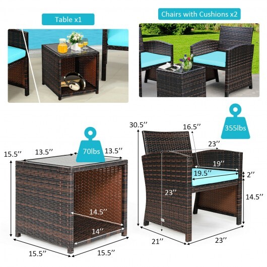 3 Pieces PE Rattan Wicker Furniture Set with Cushion Sofa Coffee Table for Garden-Turquoise - Color: Turquoise - Image 5