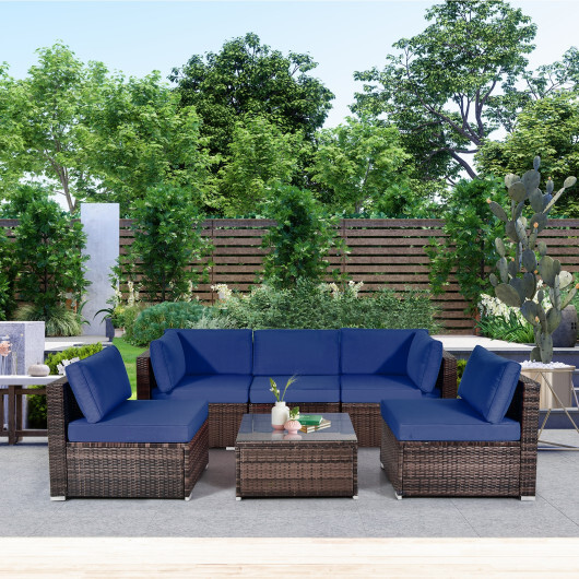 6 Pieces Patio Rattan Furniture Set with Cushions and Glass Coffee Table-Navy - Color: Navy - Image 2
