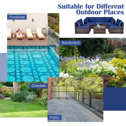 6 Pieces Patio Rattan Furniture Set with Cushions and Glass Coffee Table-Navy - Color: Navy - Image 3