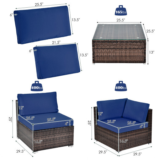 6 Pieces Patio Rattan Furniture Set with Cushions and Glass Coffee Table-Navy - Color: Navy - Image 4