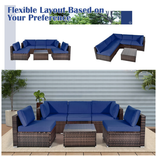 6 Pieces Patio Rattan Furniture Set with Cushions and Glass Coffee Table-Navy - Color: Navy - Image 5