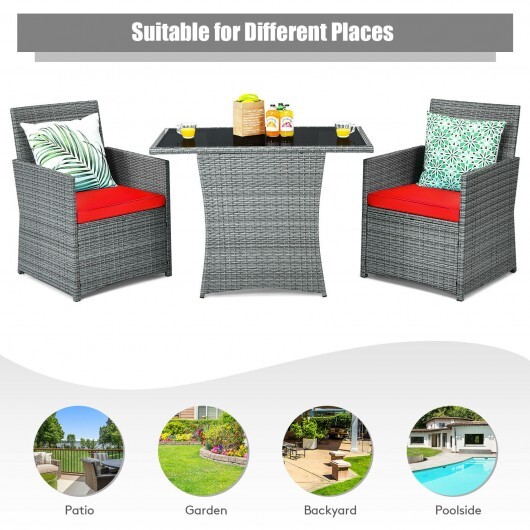 3 Pieces Patio Rattan Furniture Set with Cushioned Armrest Sofa-Red - Color: Red - Image 5