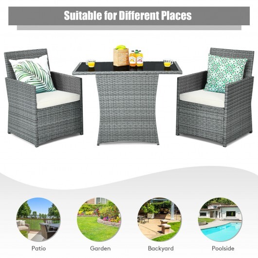 3 Pieces Patio Rattan Furniture Set with Cushioned Armrest Sofa-White - Color: White - Image 3