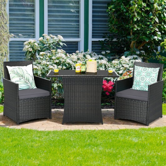 3 Pieces Patio Rattan Furniture Set with Cushion and Sofa Armrest-Gray - Color: Gray - Image 2