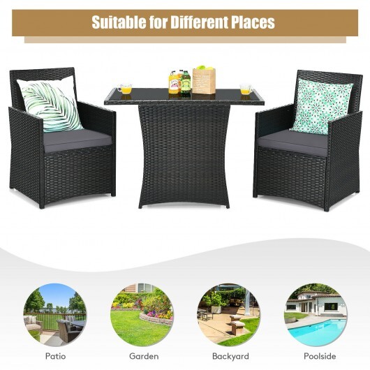 3 Pieces Patio Rattan Furniture Set with Cushion and Sofa Armrest-Gray - Color: Gray - Image 5
