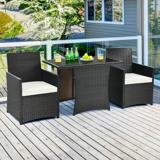 3 Pieces Patio Rattan Furniture Set with Cushion and Sofa Armrest-White - Color: White - Image 2
