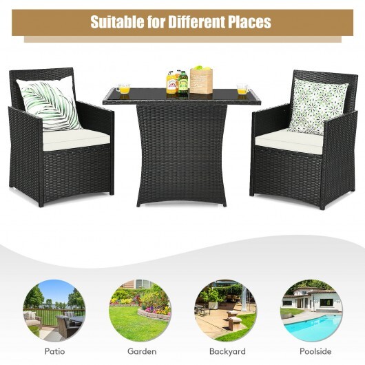 3 Pieces Patio Rattan Furniture Set with Cushion and Sofa Armrest-White - Color: White - Image 5