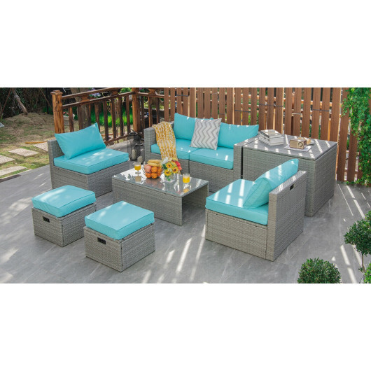 8 Pieces Patio Rattan Furniture Set with Storage Waterproof Cover and Cushion-Turquoise - Color: Turquoise - Image 2