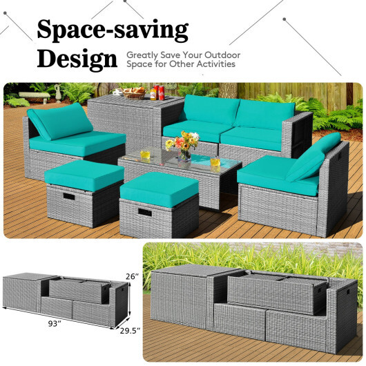 8 Pieces Patio Rattan Furniture Set with Storage Waterproof Cover and Cushion-Turquoise - Color: Turquoise - Image 3
