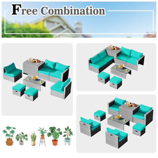 8 Pieces Patio Rattan Furniture Set with Storage Waterproof Cover and Cushion-Turquoise - Color: Turquoise - Image 4