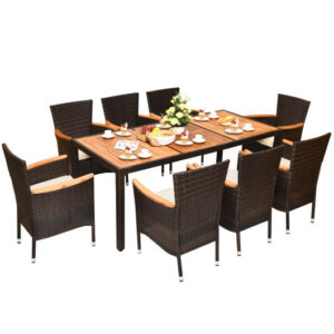 9 Pieces Rattan Dining Set with Acacia Wood Table and Stackable Cushioned Chairs - Color: Natural