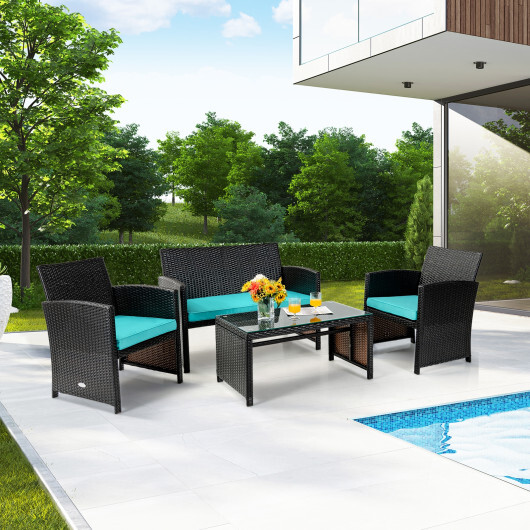 4 Pieces Patio Rattan Cushioned Furniture Set-Turquoise - Color: Turquoise - Image 2