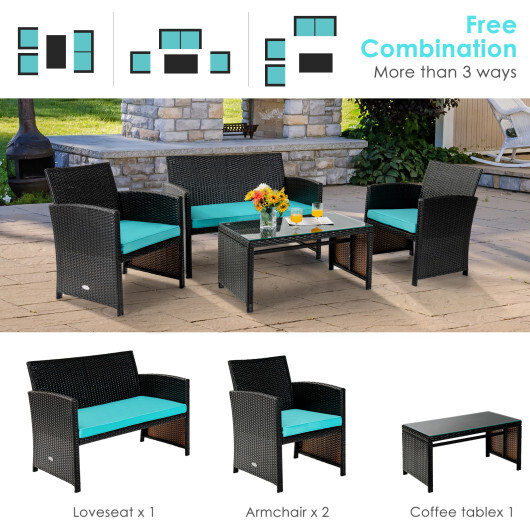 4 Pieces Patio Rattan Cushioned Furniture Set-Turquoise - Color: Turquoise - Image 3