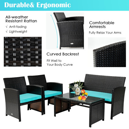 4 Pieces Patio Rattan Cushioned Furniture Set-Turquoise - Color: Turquoise - Image 5