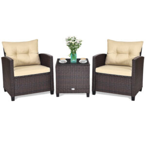 3 Pcs Patio Rattan Furniture Set Cushioned Conversation Set Coffee Table-Beige - Color: Beige
