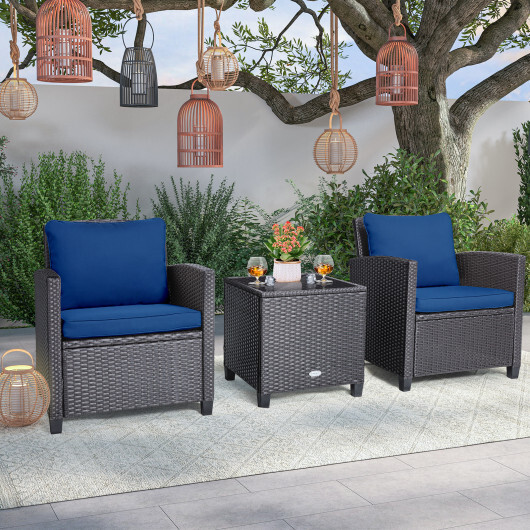 3 Pieces Rattan Patio Furniture Set with Washable Cushion-Beige & Turquoise - Color: Beige & Turquoise - Image 2