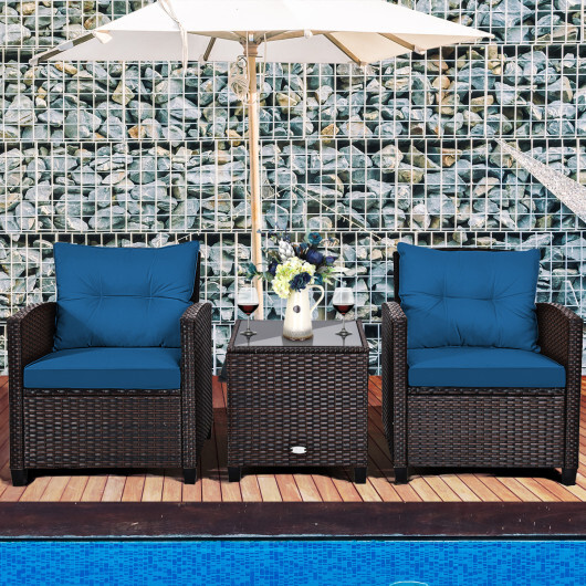 3 Pieces Rattan Patio Furniture Set with Washable Cushion-Peacock Blue - Color: Peacock Blue - Image 2