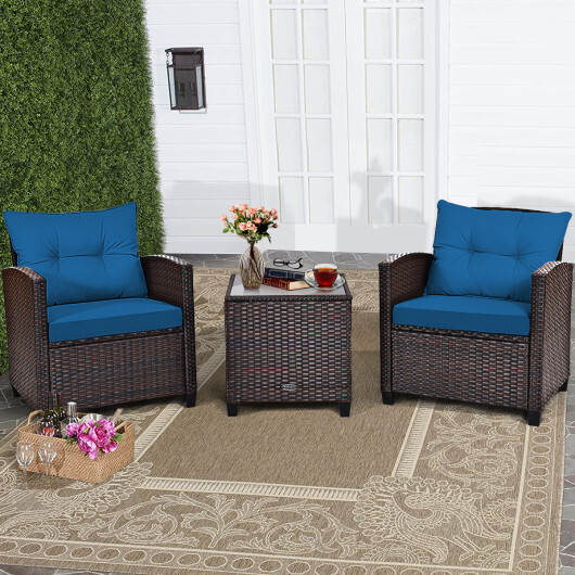 3 Pieces Rattan Patio Furniture Set with Washable Cushion-Peacock Blue - Color: Peacock Blue - Image 3
