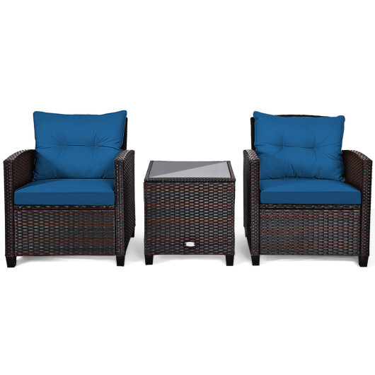 3 Pieces Rattan Patio Furniture Set with Washable Cushion-Peacock Blue - Color: Peacock Blue - Image 4