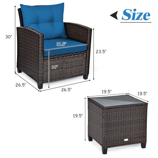 3 Pieces Rattan Patio Furniture Set with Washable Cushion-Peacock Blue - Color: Peacock Blue - Image 5