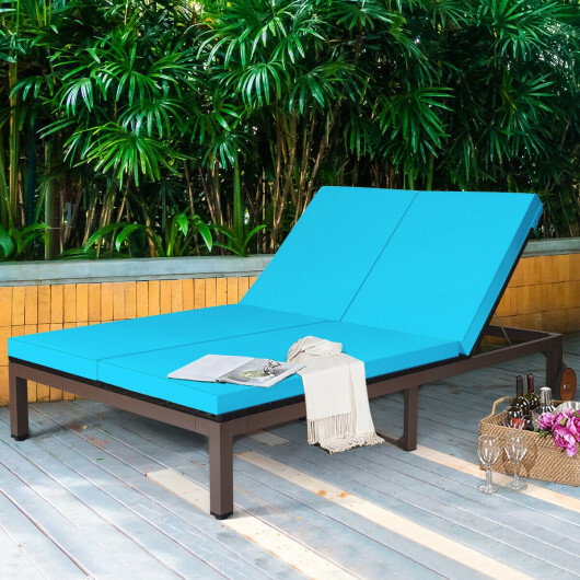 2-Person Patio Rattan Lounge Chair with Adjustable Backrest-Turquoise - Color: Turquoise - Image 2