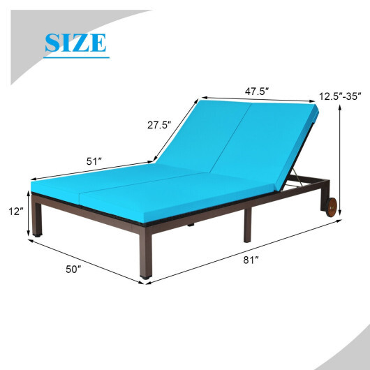 2-Person Patio Rattan Lounge Chair with Adjustable Backrest-Turquoise - Color: Turquoise - Image 4