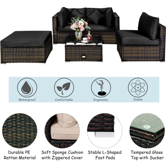5 Pcs Outdoor Patio Rattan Furniture Set Sectional Conversation with Cushions-Black - Color: Black - Image 3
