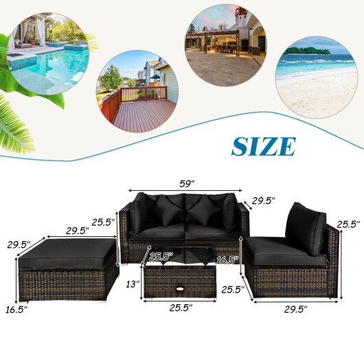 5 Pcs Outdoor Patio Rattan Furniture Set Sectional Conversation with Cushions-Black - Color: Black - Image 4