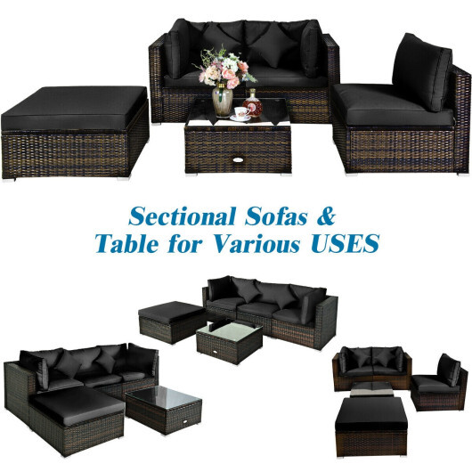 5 Pcs Outdoor Patio Rattan Furniture Set Sectional Conversation with Cushions-Black - Color: Black - Image 5