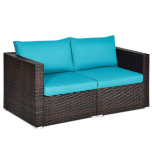 2PCS Patio Rattan Sectional Conversation Sofa Set-Blue - Color: Blue