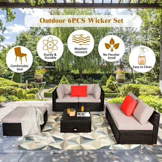 6 Pieces Outdoor Patio Rattan Furniture Set Sofa Ottoman - Color: Beige - Image 3