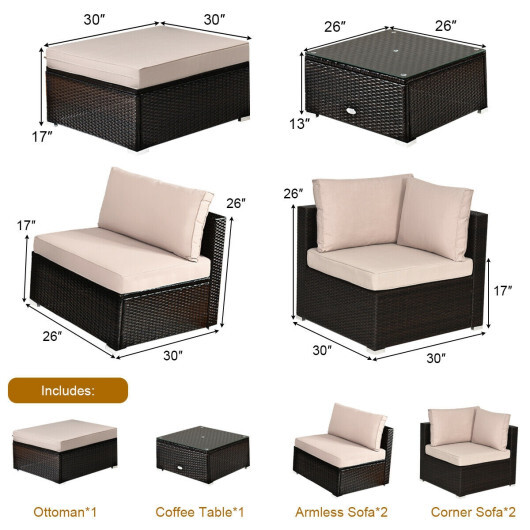 6 Pieces Outdoor Patio Rattan Furniture Set Sofa Ottoman - Color: Beige - Image 4