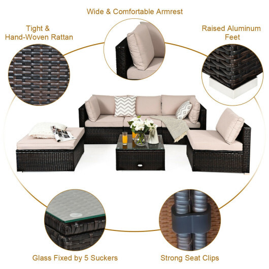 6 Pieces Outdoor Patio Rattan Furniture Set Sofa Ottoman - Color: Beige - Image 5
