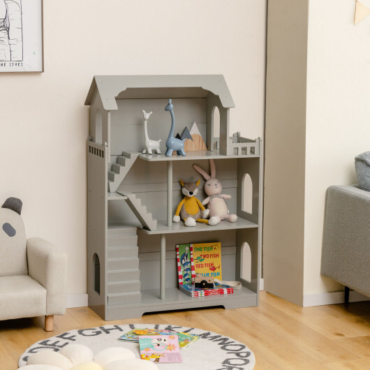 Kids Wooden Dollhouse Bookshelf with Anti-Tip Design and Storage Space-Gray - Color: Gray - Image 2