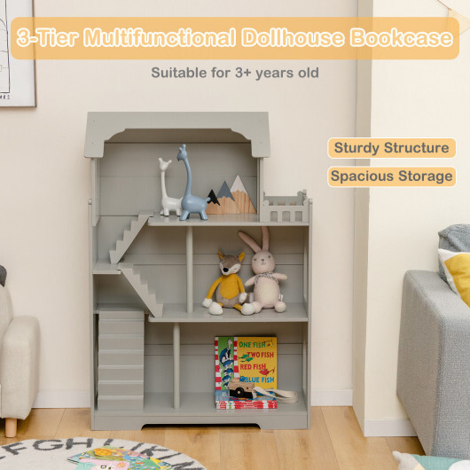 Kids Wooden Dollhouse Bookshelf with Anti-Tip Design and Storage Space-Gray - Color: Gray - Image 3