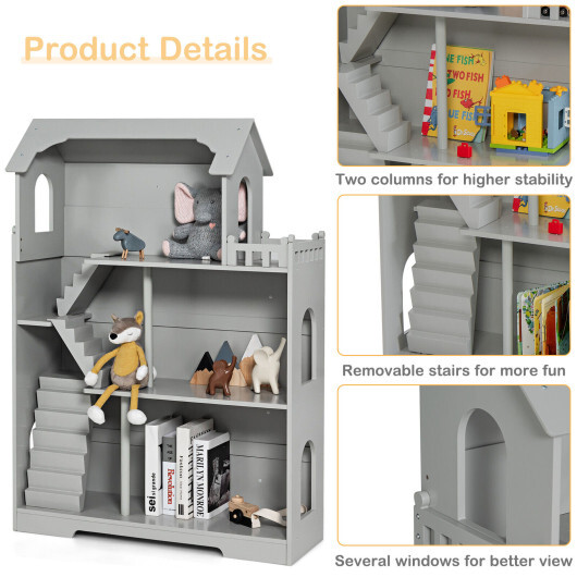 Kids Wooden Dollhouse Bookshelf with Anti-Tip Design and Storage Space-Gray - Color: Gray - Image 5