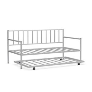 Twin Metal Daybed Sofa Bed Set with Roll Out Trundle-Silver - Color: Silver - Size: Twin Size